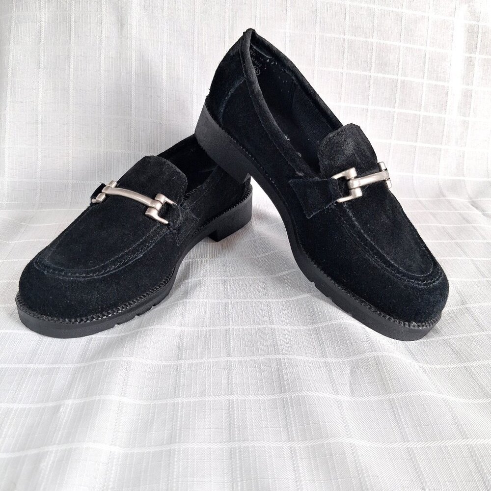 Lower East Side Black Suede Loafers Silver-Tone Metal Buckle Size 5-1/2
